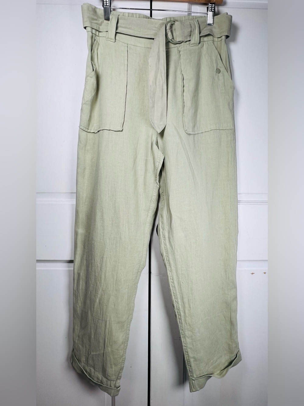 Tahari Womenโs 100% Linen Sage Green High Rise Belted Size Large